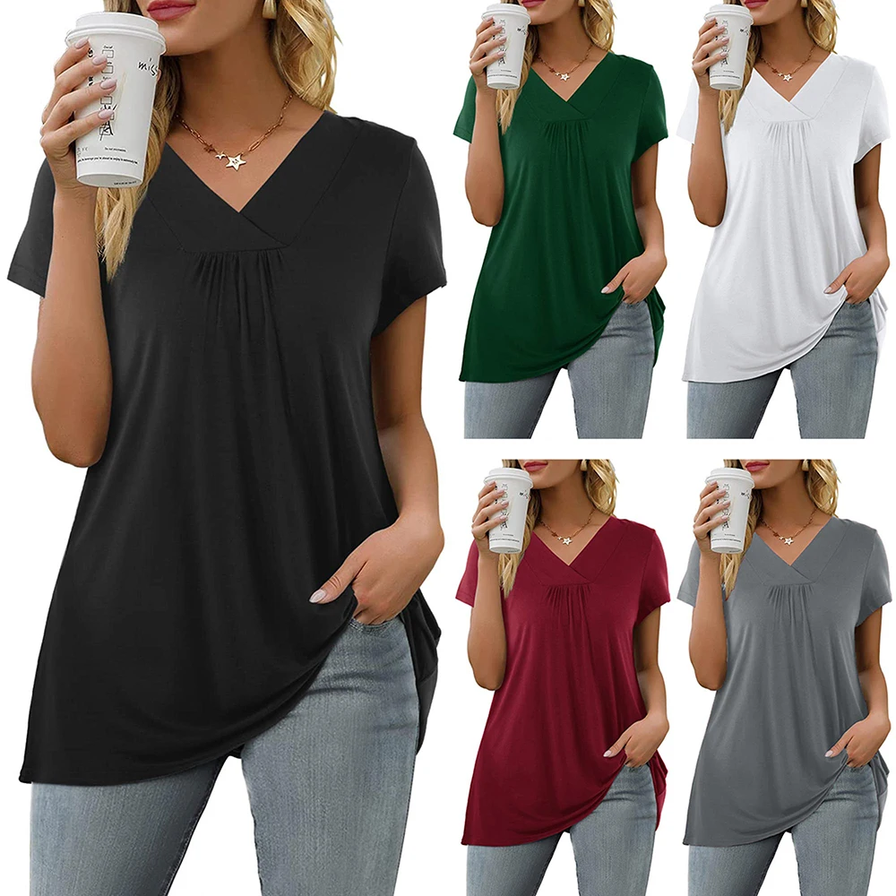 Damen Elegant Loose Fit Kurzarm Frühling T-Shirt V-Ausschnitt Casual Loose Basic Tunika Top Sommer Baumwollmischung Bluse Free87_voghion.com