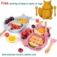 Free Custom Logo Baby Soft Silicone Sucker Bowl Plate Non-slip Squirrel Spoon Fork Sets Children's FeedingTableware  BPA Free 1