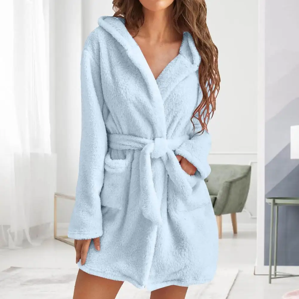 Women Winter Bathrobe Solid Color Thick Sleepwear Warm Belt Cardigan Tight Waist Plush Water Absorption Lady Nightgowns for Home