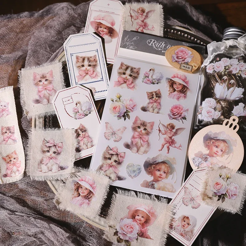 2 Sheet Kawaii Cat Girl RUB ON Transfer Stickers Junk Journal Collage Flower Stickers DIY Album Scrapbooking Craft decorative stickers diy scrapbooking accessories