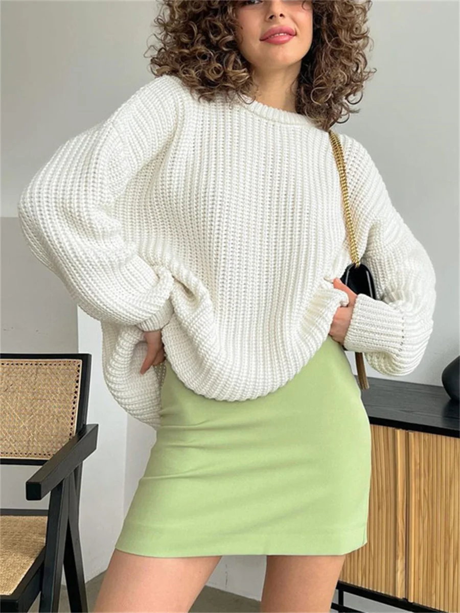 

Fall Winter Baggy Knitted Sweaters Women Chic Long Sleeves Crew Neck Pullover Tops Oversized Plain Jumpers Streetwear