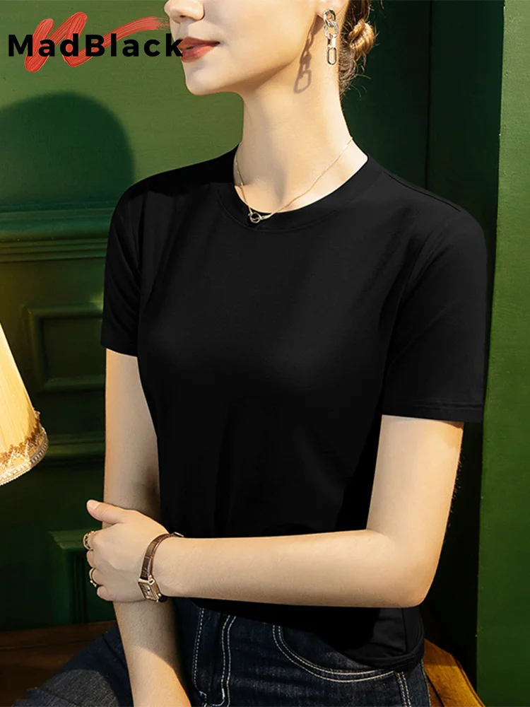 

MadBlack Summer European Clothes Tshirts Female Sexy Round Collar Slim Modal Cotton Tops Short Sleeve Bottoming Tees T35826M