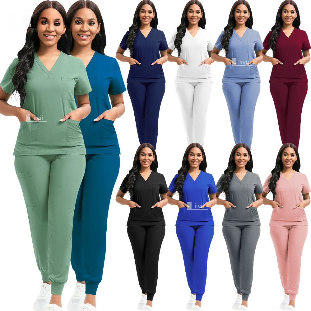 10 Colors Scrubs Set  Men Women Medical Scrubs Uniforms Solid Color Tops Joggers Pants Doctor Nurse Uniform Lab Spa Work Set