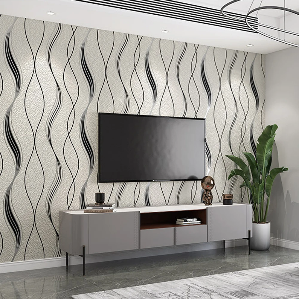 

Simple Modern 3D Wavy Striped Deerskin Velvet Living Room TV Background Wallpaper Bedroom Sofa Background Non-woven Wallpaper