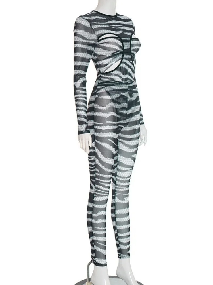 Wmstar Two Piece Sets Women Fashion Hollow Out Jumpsuit and Top Zebra Stripes Autumn and Winter Matching Suit 2025 New Style