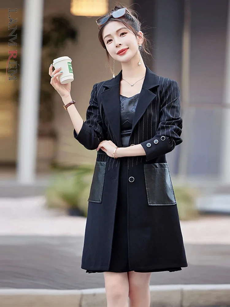 

LANMREM Striped Jacket Coats For Women Notched Long Sleeves Single Breasted Pockets Design Coat Versatile 2024 New 2Z1161