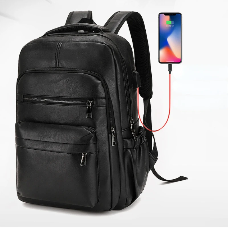 High Quality USB Charging Backpack Men PU Leather Bagpack Large Laptop Backpacks Male Schoolbag for Teenagers Boys Wholesale