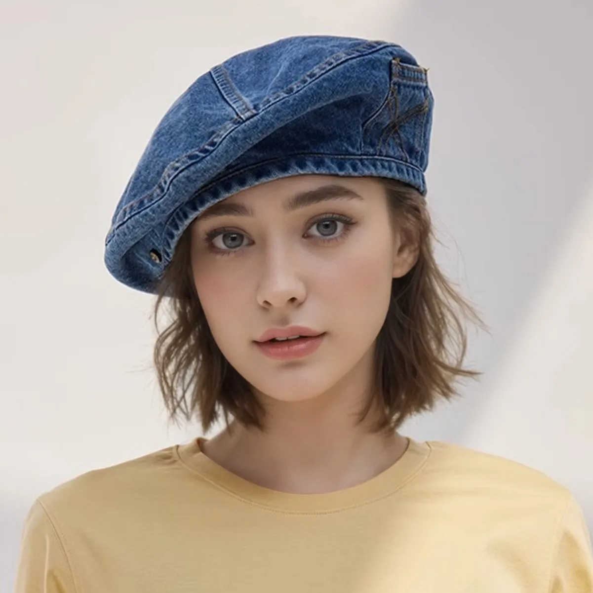 FloralGrace Denim Baskenmütze Damen - Vintage Schiebermütze Unisex Schwarz