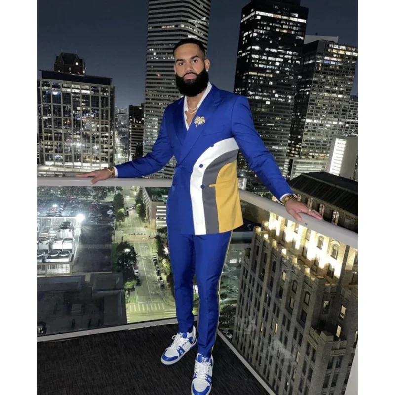 

Stiching Color Men's Suits Fashion Blue Double Brested Casual Suit Blazer Peak Lapel Evenng Party Suit 2Pcs Jacket Pants Costume