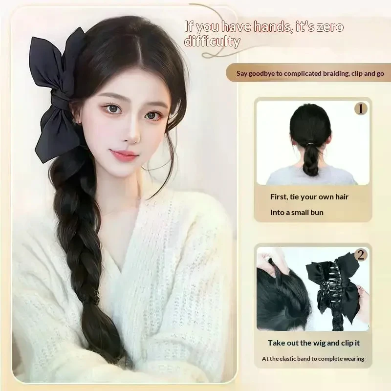 Side-Tie Synthetic Braids Ponytail Hair Extensions With Black Butterfly Knot Clips For Elegant Girls Daily And Party Wear