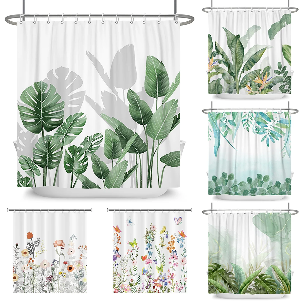 Tropical Greenery Leaf Shower Curtain Tulip Bathroom Curtain Romantic Refreshing Polyester Waterproof Bathroom Shower