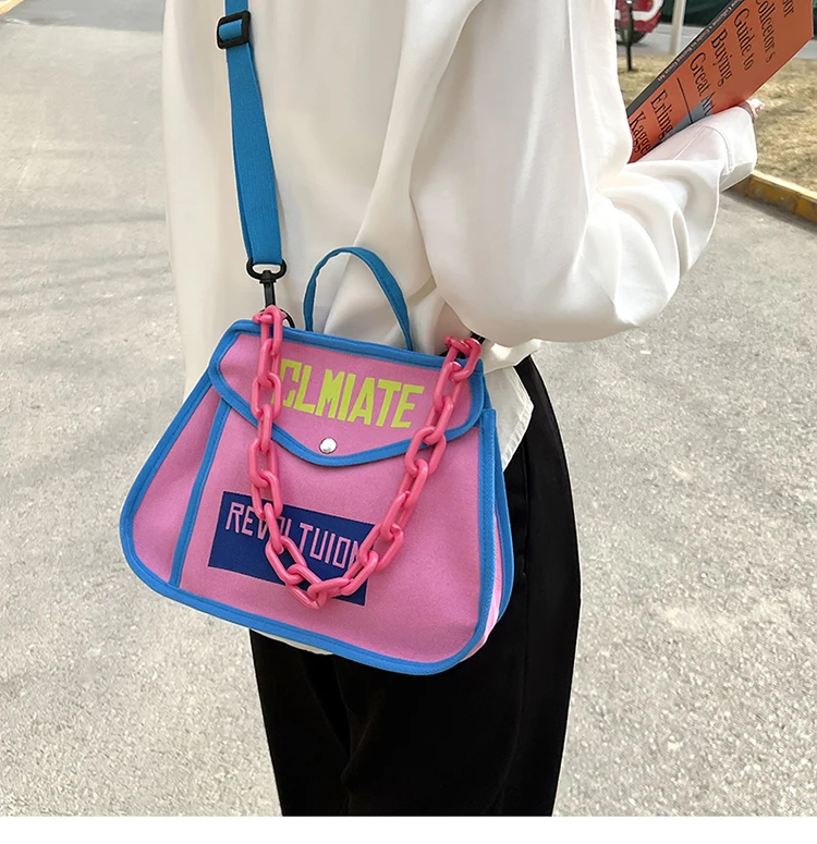 Canvas Women's Shoulder Bag Chain Casual Totes Contrast Color Ladies Crossbody Bag Trend Letter Print Fashion Designer Handbags