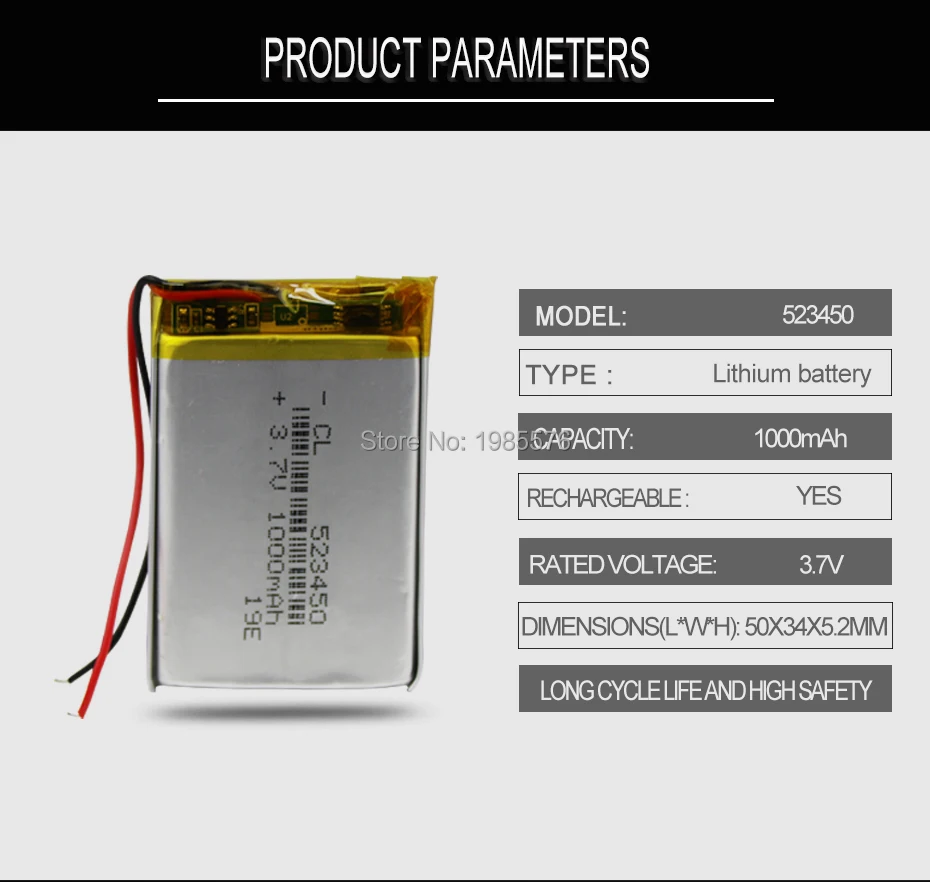 1000mah 3.7V 523450 lithium-ion Polymer lipo Rechargeable batteries for Smart Phone DVD MP3 MP4 MP5 LED Lamp bluetooth headset rechargeable lithium batteries