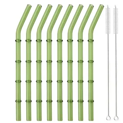 Elegant Reusable Bamboo - Style Glass Straw Set with Cleaning Brush and Storage Bag - 8 Pieces (8Pcs Bend)