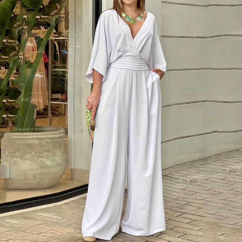 

Aniow Solid V-neck Short Sleeve Wide Leg Jumpsuit Pleated Fold Elegant Slim Pocket Rompers Summer OL Office Ladies Overalls