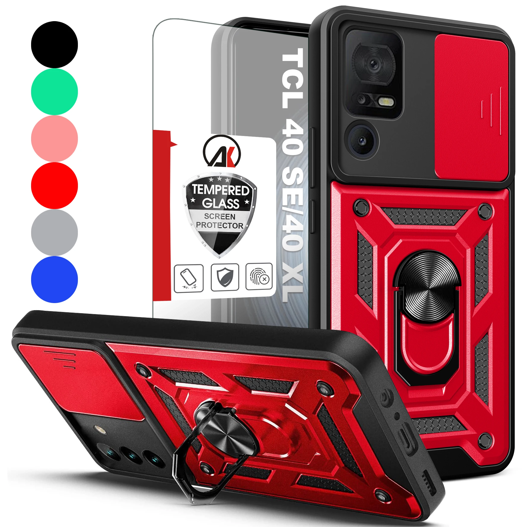 

For TCL 40 SE Shockproof Case Ring Kickstand Armor Magnetic Hybrid Holder Stand+Camera Lens Phone Cover+Tempered Glass