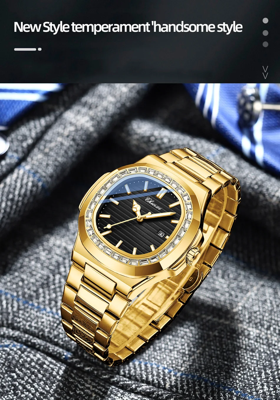 Herrenuhren Luxus Business Edelstahl Herren Quarz Datum Armbanduhren Diamant Design Herrenuhr Gold Wasserdicht Leuchtend – Detail 5