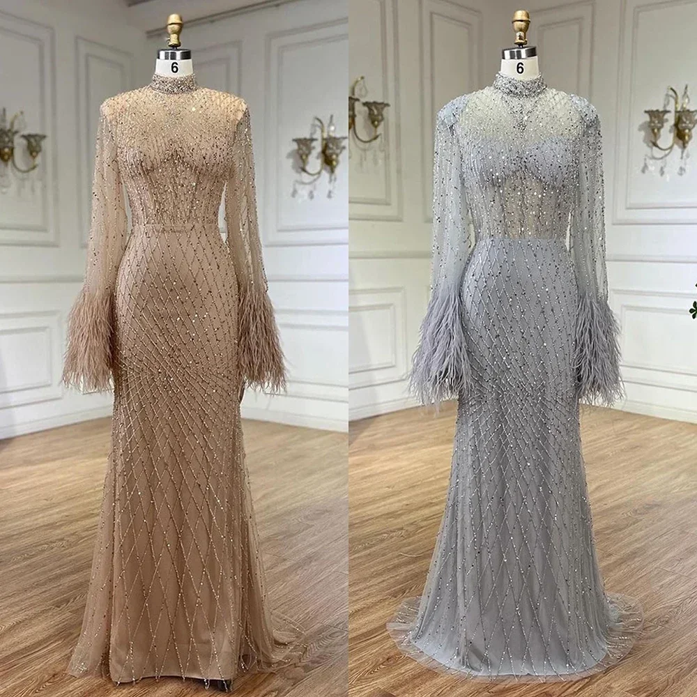 Customized Dubai Gowns Nude Beaded Feathers Mermaid Long Evening Dresses LA72394 women prom dresses