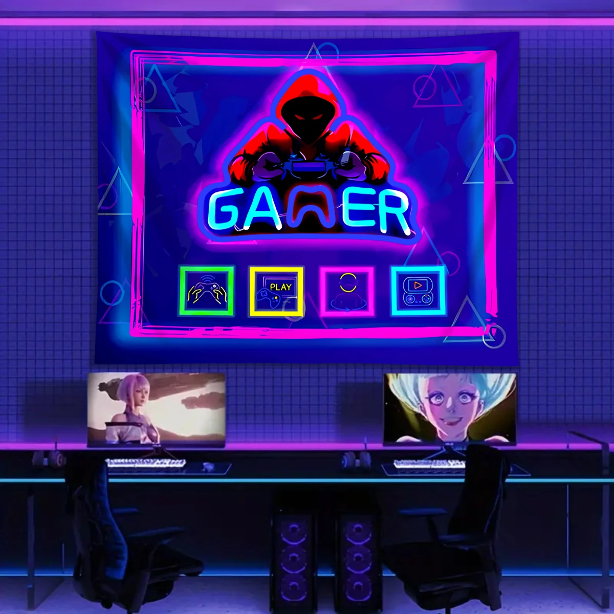 Tapestry Decorations 1pc Punk style Game fluorescent tapestry, UV reactive tapestry, boys' esports room decoration neon light effect tapestry