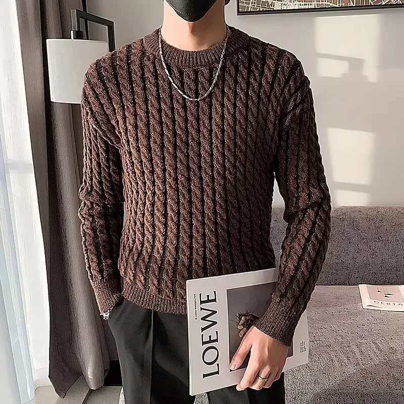 High Quality Striped Jacquard Sweater Men Winter Thicken Warm Round Neck Knit Pullover Casual Business Knitwear Tops Streetwear 3
