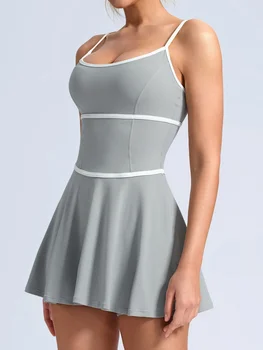Summer Color Blocking Tennis Dresses Women Thin Shoulder Strap Slim Workout Golf Skirts Outwear Gym Running Pleate Dress