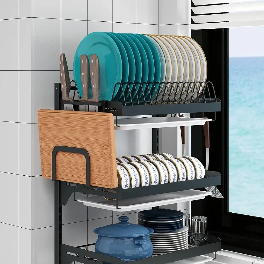 Wall Mounted Stainless Steel Dish Drying Rack Fruit Vegetable Storage Basket with Drainboard and Hanging Chopsticks Cage Knife