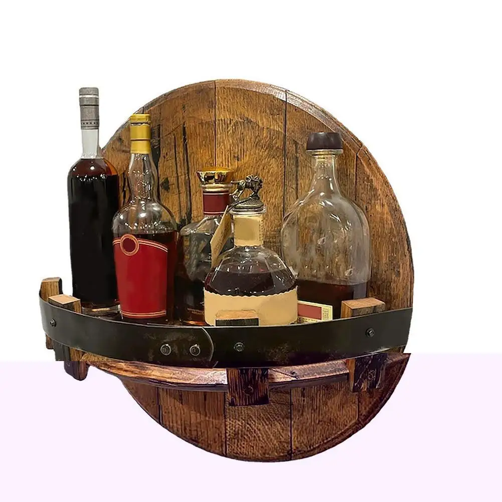 Bourbon Whiskey Barrel Shelf Wine Rack Wall Wine Holder With PU Leather Guardrail 7 Bottle Holder For Home Kitchen K8Y5
