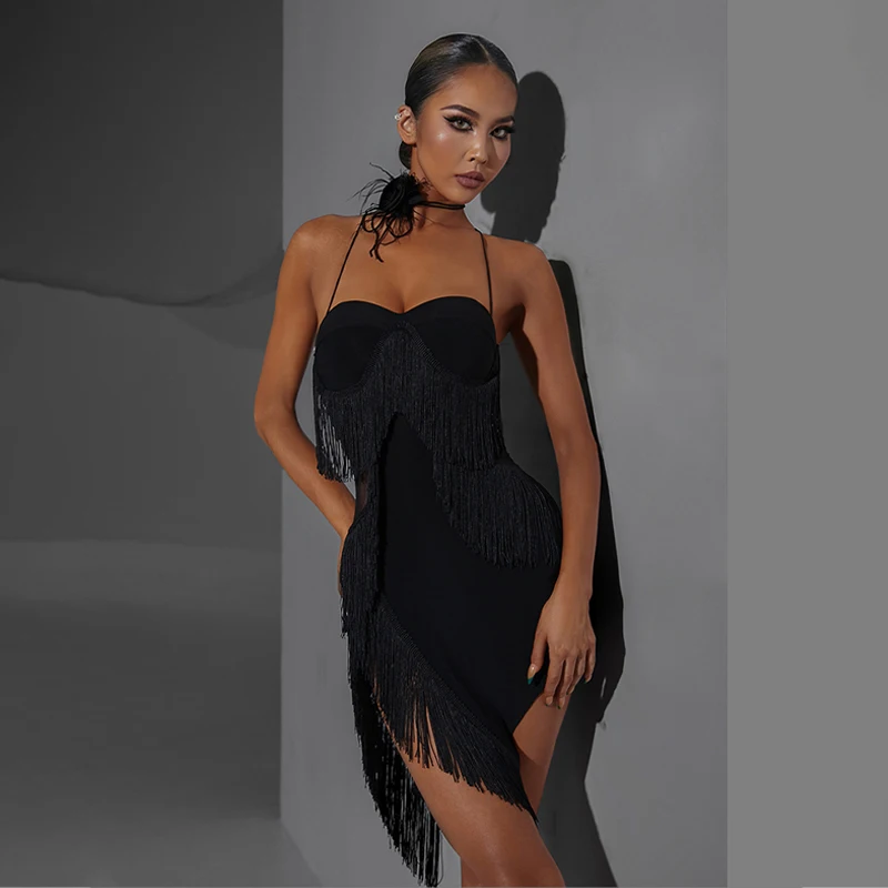 

Sleeveless Latin Dance Fringed Dress Sexy Black Latin Dress Women Professional Latin Dance Costume Stage Practice Wear SL8338