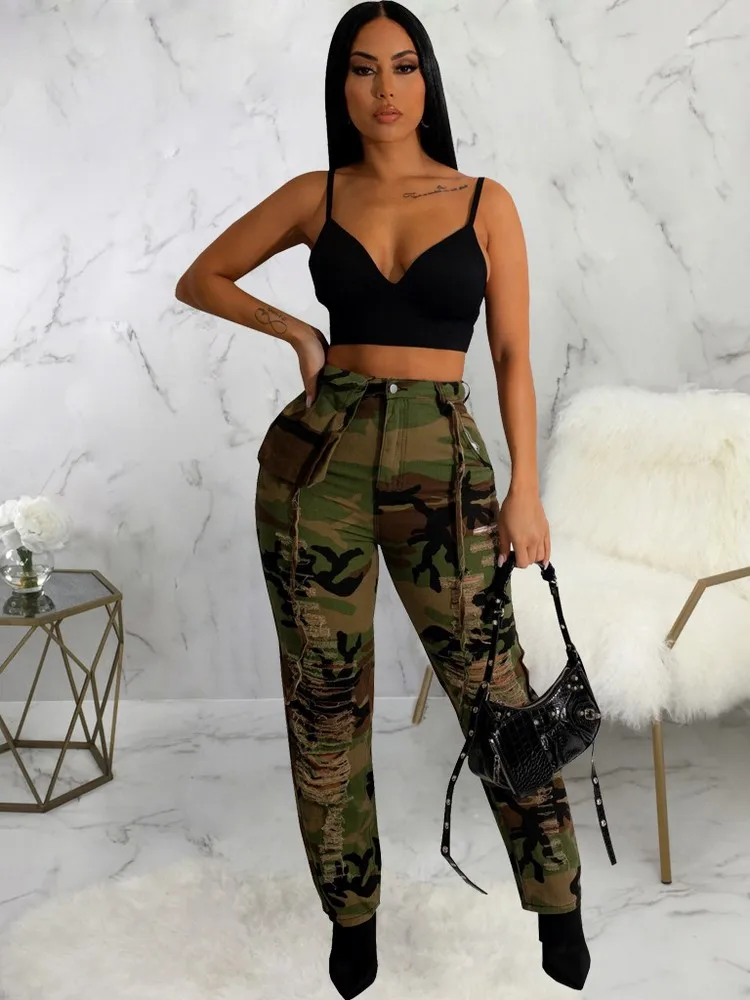 

Y2k Streetwear Women Camouflage Camo Print Jogger Sweatpants Casual Fashion High Waist Button Fly Hollow Hole Ripped Long Pants