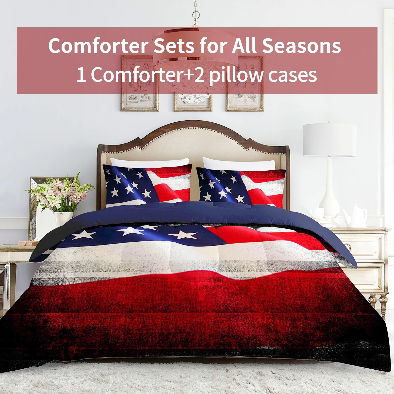 100% 폴리에스터 빈티지 미국 국기 인쇄 독립 기념일 침구 세트, 피부 친화적 이불, 침실 손님실용 3 개 