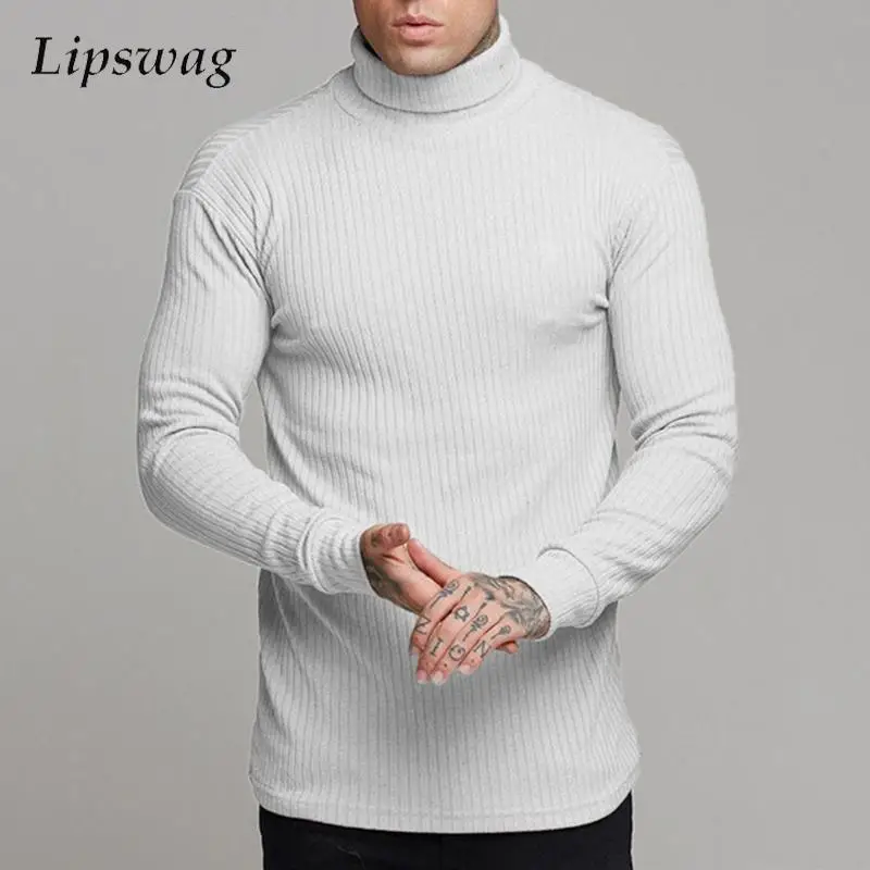 

Casual Solid Color Basic Sweater Mens Tops Knitted Long Sleeve Slim Sweaters Autumn Leisure Jumper Turtleneck Mens Knit T Shirt
