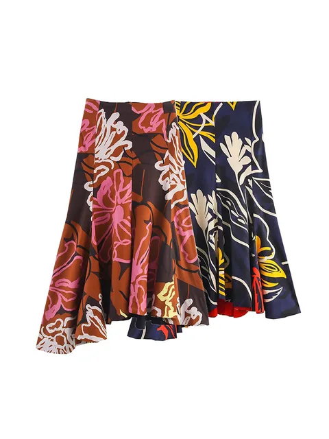 Women Summer MIDI Skirts 2025 Vintage Print Asymmetric Back Zipper Female Elegant Street Skirt Clothing