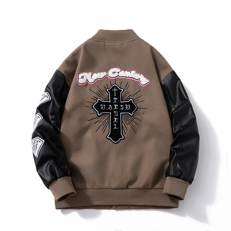 

High Quality Baseball Suit Men's American Retro High Street Loose Leather Varsity Jacket Men