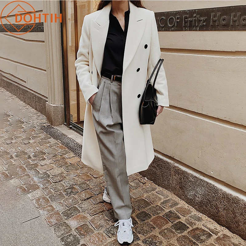 

Women's Office Lady Double Breasted Woolen Jackets England Style Elegant Winter Coat For Women Preppy Style Casual Long Coat