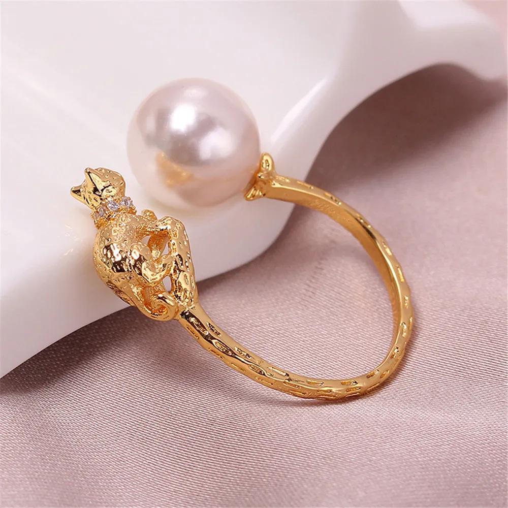 DIY Accessories Cat Zircon Copper Plated 18K Gold Jade Agate Open Pearl Ring Empty Hold Cute Girl.