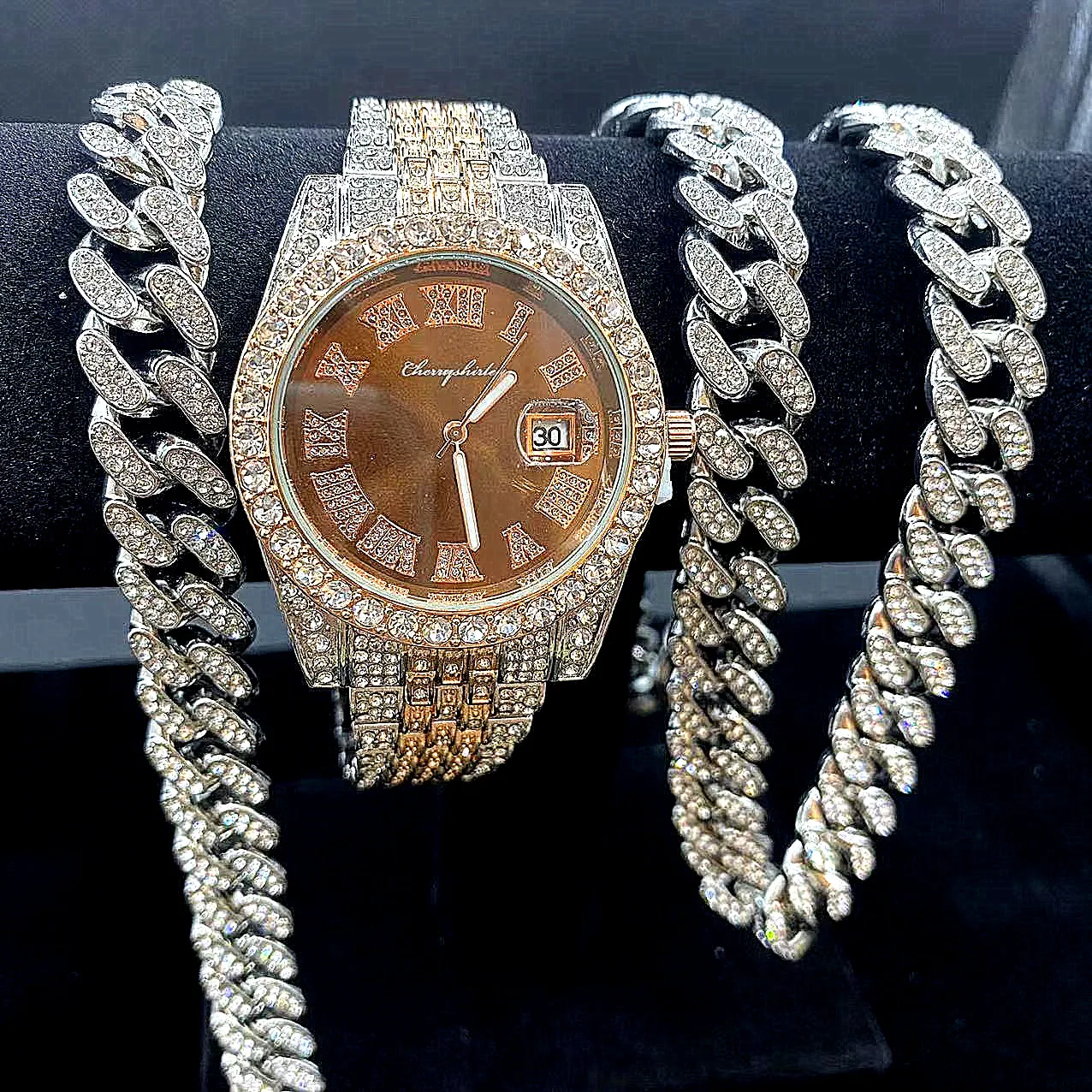 3PCS Full Iced Out Watches Men Cuban Link Chain Bracelet Necklaces Bling Bling Jewelry for Men Gold Watch Hip Hop Mens Watch Set