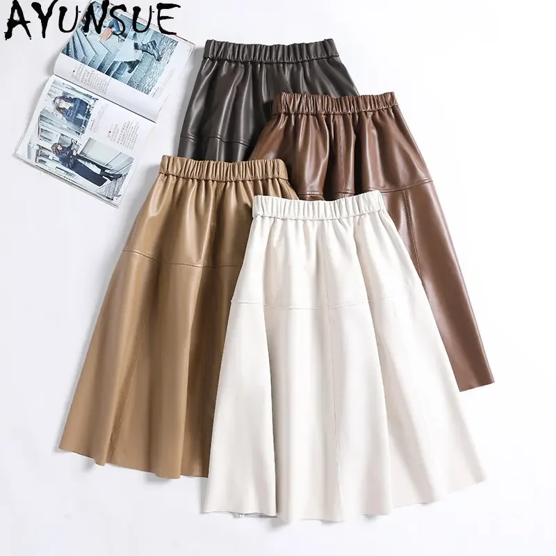 

AYUNSUE 2023 Genuine Sheepskin Pleated Skirts for Women High Waist A Line Skirt Women Elastic Waist Leather Skirt Korean Style