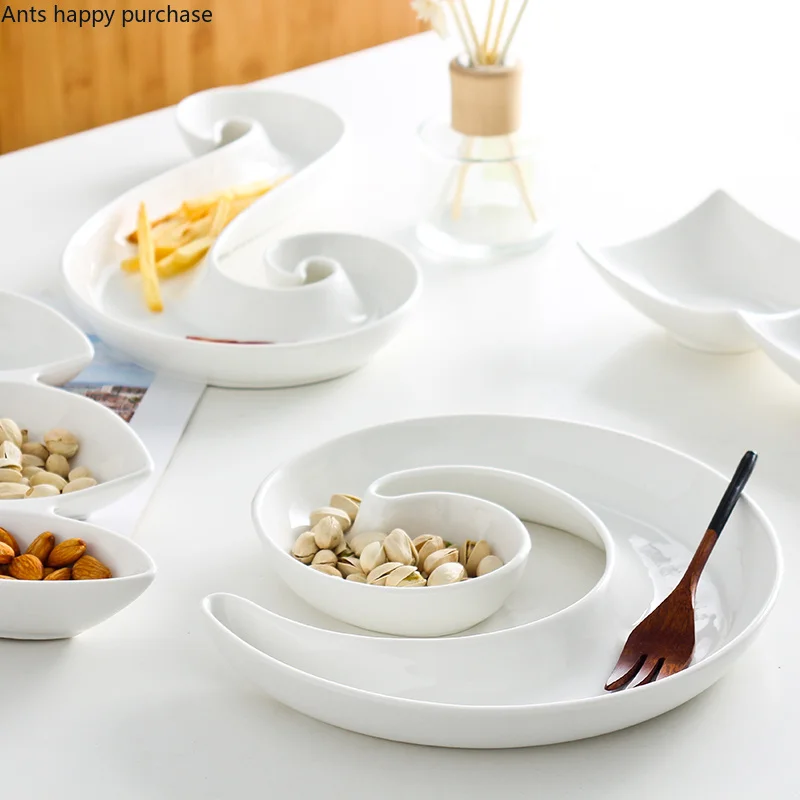 Set di Piatti for Sushi Piatto for Gnocchi in Ceramica a Forma di Conchiglia con Scomparto for Salsa Patatine e Piatto for Salsa Piatto da Portata for Cucina-Bianco (Color : White