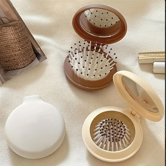 Mini spazzola per capelli da viaggio pieghevole portatile con specchio per donna Design a doppia piega in plastica leggera per uso esterno Lavabile a mano 4