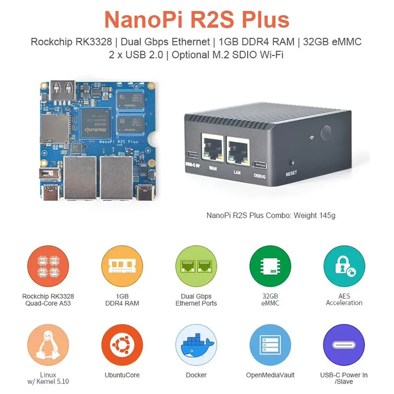Nanopi R5C Mini WiFi Router OpenWRT met Dual PCIe 2,5 Gbps Ethernet M.2 Key E USB-poorten LPDDR4X RAM gebaseerd op Rockchip RK3568B2 Soc 0,8 T NPU voor IOT NAS Smart Home Gateway