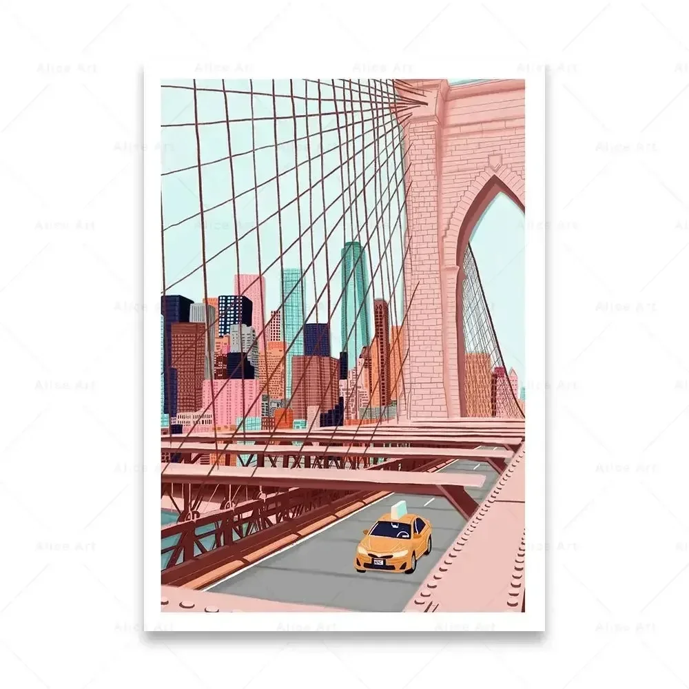 Brooklyn Bridge Central Park Season Night New York Bookshop Wall Art Posters Minimalist Print Canvas Painting for Home Decor 