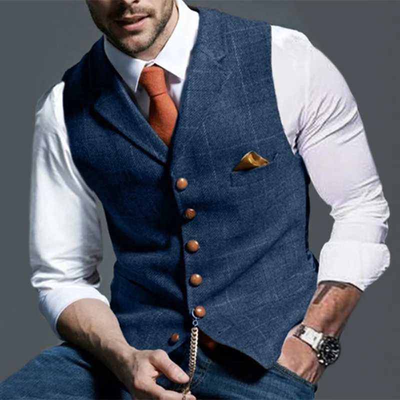 Men's Vests Lapel Tweed Plaid V-neck Waistcoat Slim Fit Business Formal Dress Suit Casual Wedding Tuxedo cotton vest mens suit dress vests
