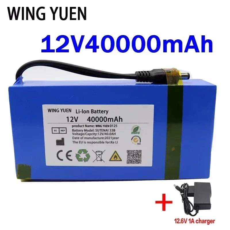 

100% New Portable 12v 40000mAh Lithium-ion Battery pack DC 12.6V 40Ah battery With EU Plug+12.6V1A charger