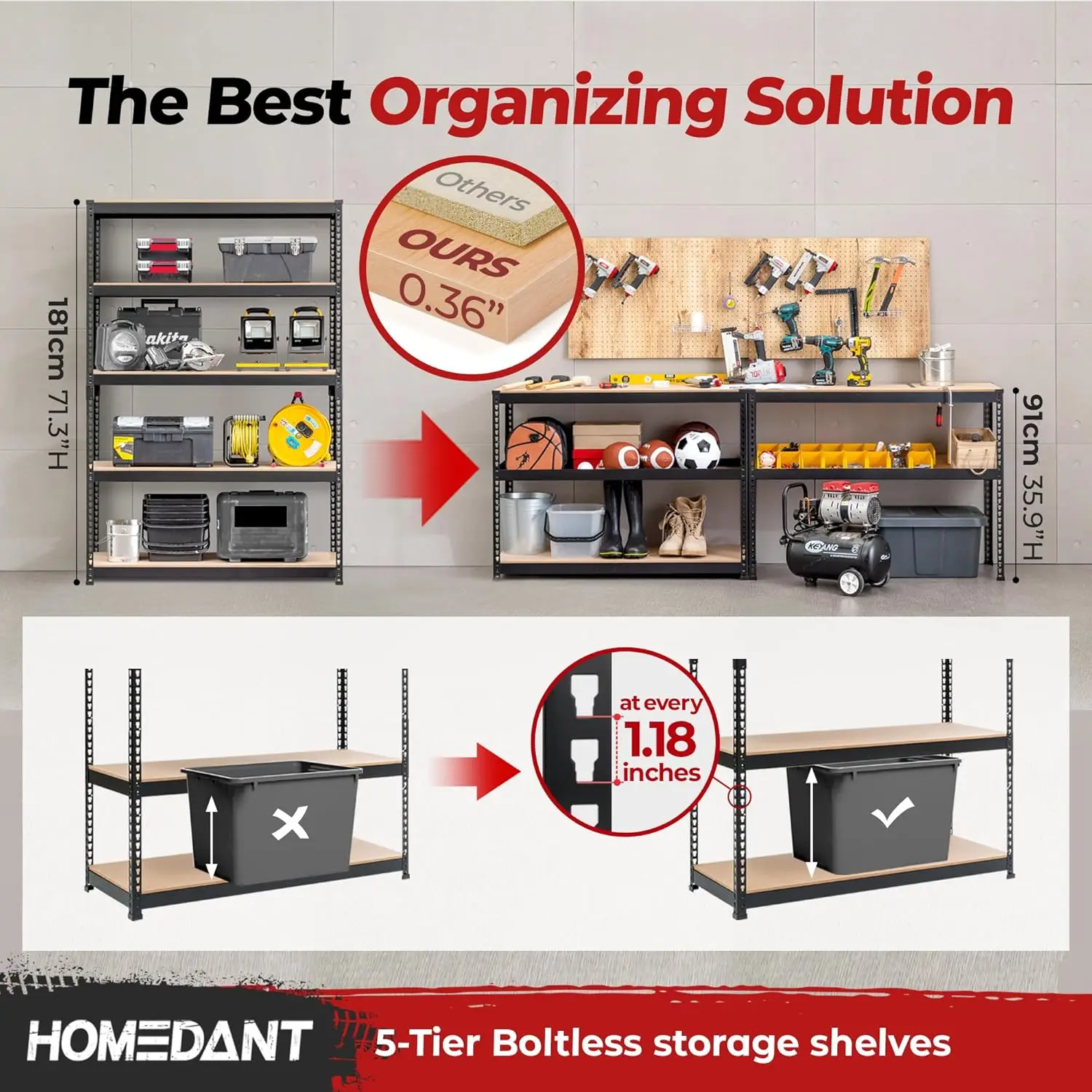 5 Tier Laminated Heavy Duty Garage Storage Adjustable Wide Size Metal Shelving Unit Utility Rack Shelves Organization Shelf Shed 5