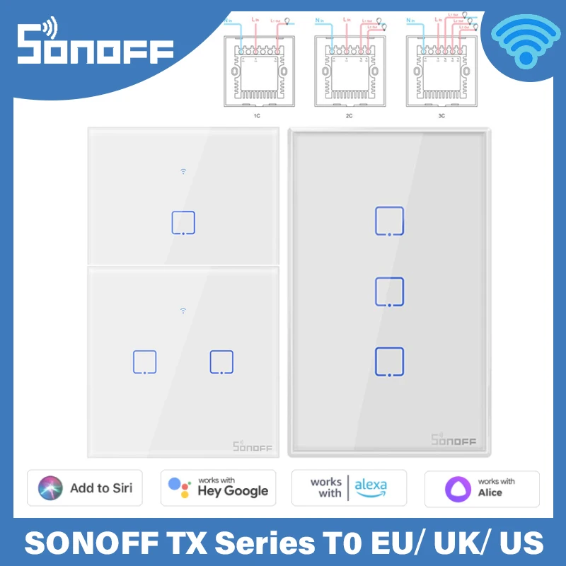 Sonoff Tx Series T0 Wifi Smart Switch Eu/ Uk/ Us Smart Home Switch Touch Switcher Tramite Ewelink App Controllo Vocale Alexa Google Home