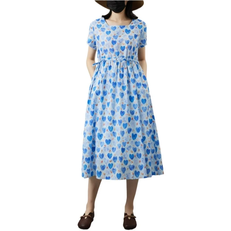 

Женское винтажное длинное платье с принтом, повседневное свободное элегантное Хлопковое платье с квадратным вырезом, лето 2024