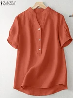 2024 ZANZEA Women Casual Cotton Blouse Vintage Summer Loose Tunic Tops Female Blusas Chemise Oversize V Neck Short Sleeve Shirt - Image 2