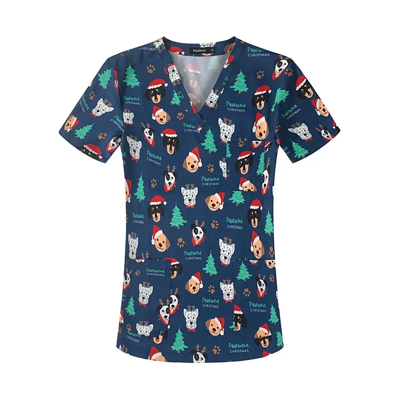 Stretch nurse uniform dental clinic V-neck surgical gown Christmas pet hospital work clothes women's short-sleeved tops