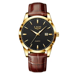LIGE Men's Luxury Leather Chronograph Quartz Watch - Waterproof Sports Edition (Gold black)