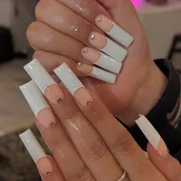 Mid-length Coffin Fake Nails 24Pcs White French Tip Ballerina Press On Nail Pink/White Flower Printed Spring/Summer DIY Manicure 6